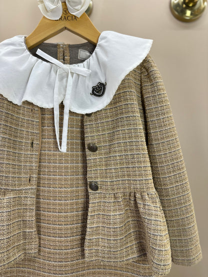 Vestido Infantil Manga Curta Tweed Xadrez Bege - Animê Petite