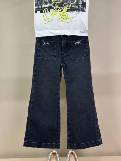 Conjunto Infantil Blusa Minnie Verde Melão Pérola e Calça Jeans Preta - Animê
