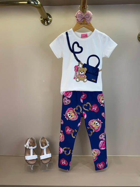 Conjunto Infantil Blusa Ursa Bolsa e Calça Legging Ursinhas Corações - Momi