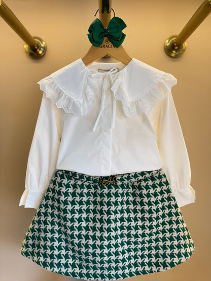 Conjunto Infantil Trio Casaco Tweed Xadrez, Camisa Gola Babados Rendas e Saia Tweed Xadrez - Animê