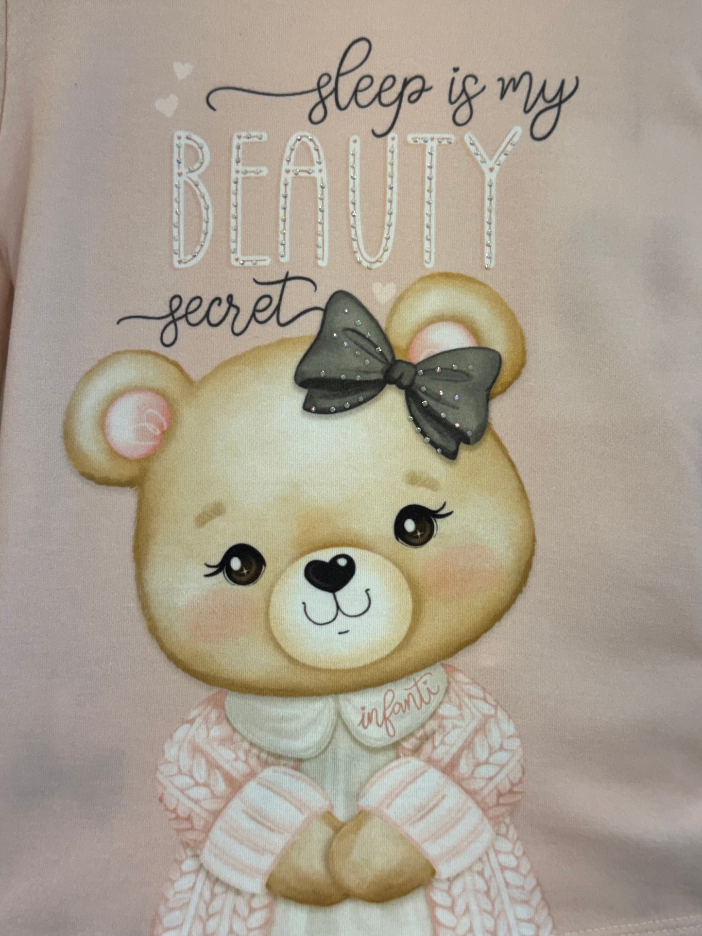 Pijama Infantil Blusa ML Ursinha Beauty e Calça Lacinhos Rosa Seda com Máscara - Infanti