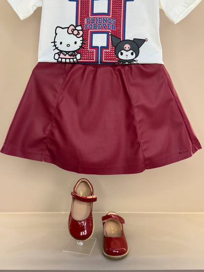 Conjunto Infantil Blusa Hello Kitty Strass e Saia Infantil Couro Tech Recortes Cramberry - Momi