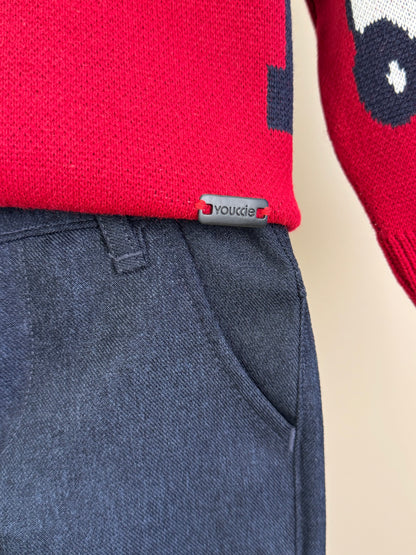 Conjunto Infantil Casaco Tricô Mickey Vermelho e Calça Jeans Leve Casual Marinho - Youccie