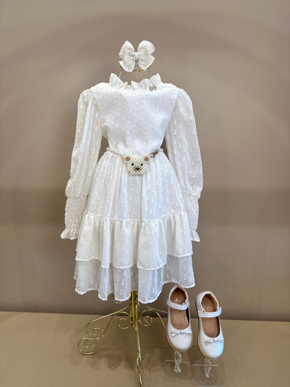 Vestido Infantil Chiffon Rodado ML Cinto Pérolas Ursinho Branco - Luluzinha