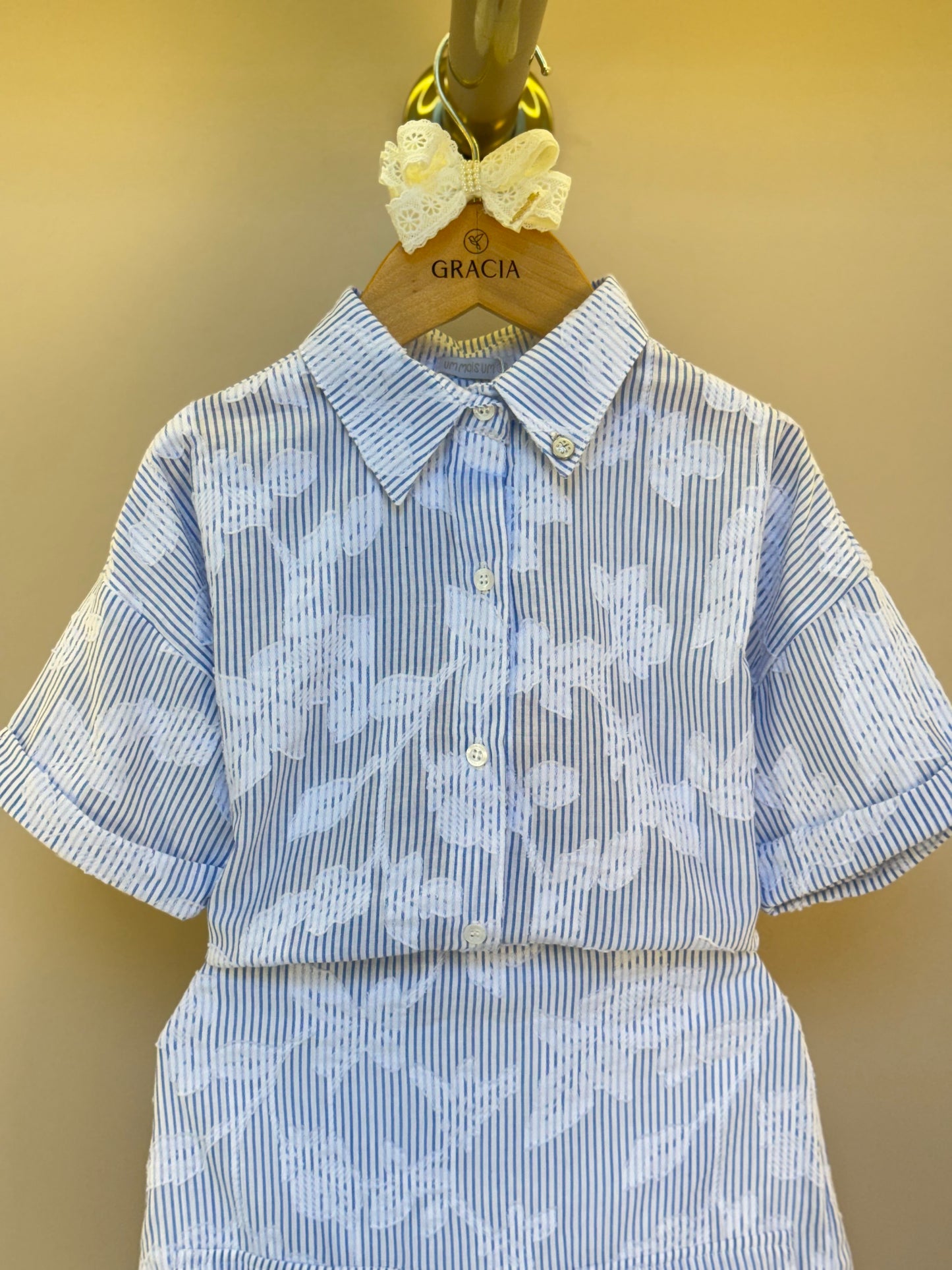 Conjunto Infantil Tricoline Camisa e Saia Short Azul Claro - Um Mais Um