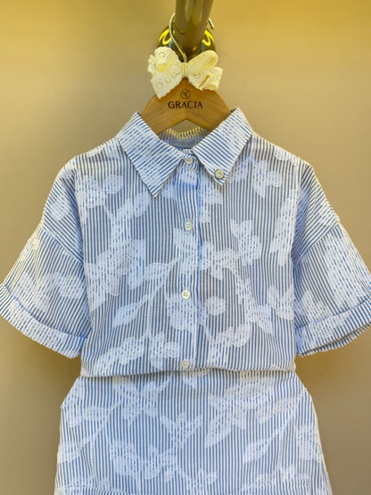 Conjunto Infantil Tricoline Camisa e Saia Short Azul Claro - Um Mais Um