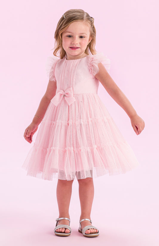 Vestido Infantil Tule Glitter Pregas e Laço Frontal Rosa Claro - Petit Cherie