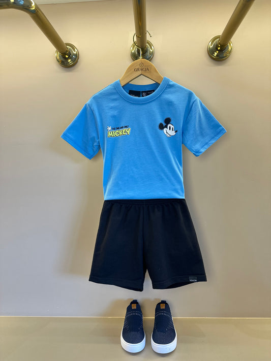 Conjunto Infantil Camiseta Mickey Azul Celeste e Bermuda Moletom Preta - Youccie