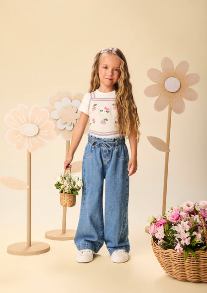 Calça Infantil Jeans Wide Leg Cós Alto Com Elástico - Momi