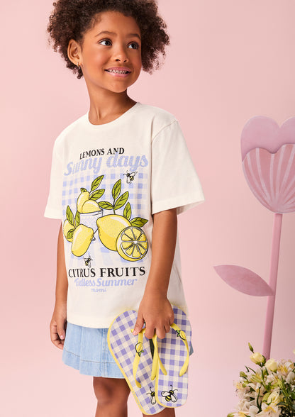 Conjunto Infantil Blusa Limões Com Strass e Shorts Saia Jeans Com Pregas - Momi - Pré Venda