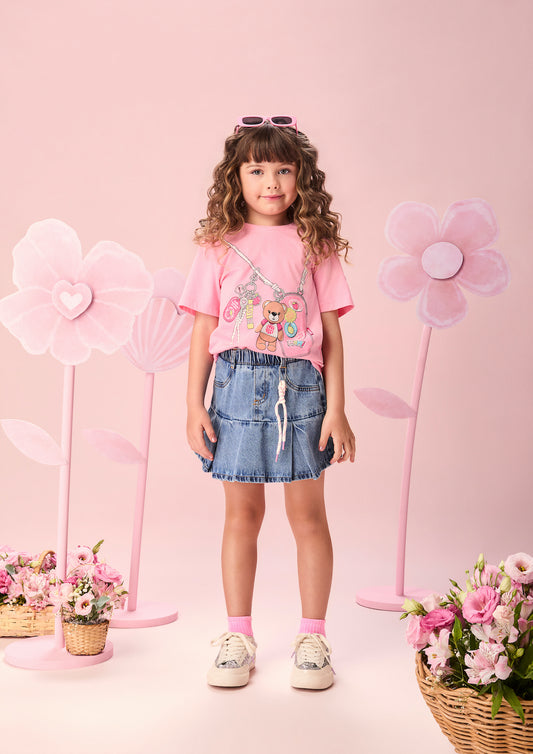 Conjunto Infantil Blusa Chaveiro Com Strass e Saia Jeans Pregas Com Pingente - Momi - Pré Venda