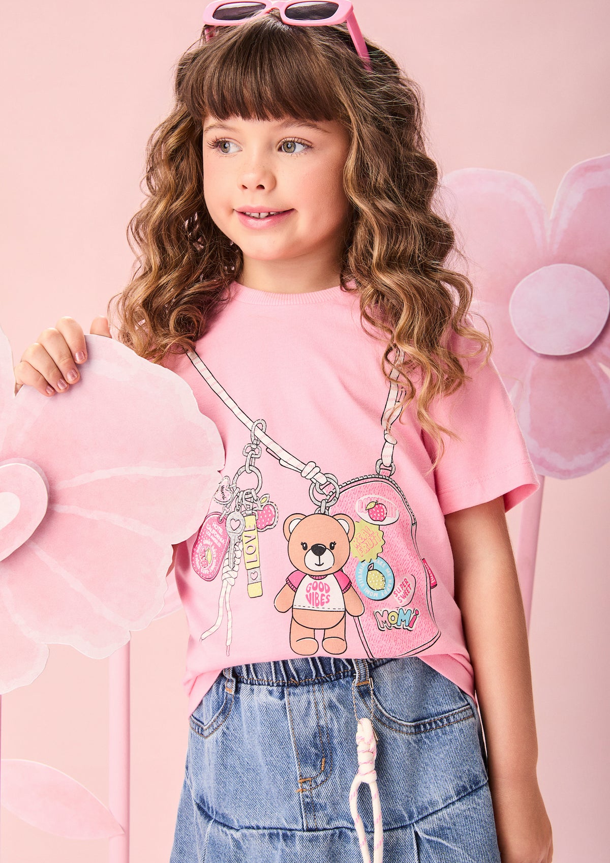 Conjunto Infantil Blusa Chaveiro Com Strass e Saia Jeans Pregas Com Pingente - Momi