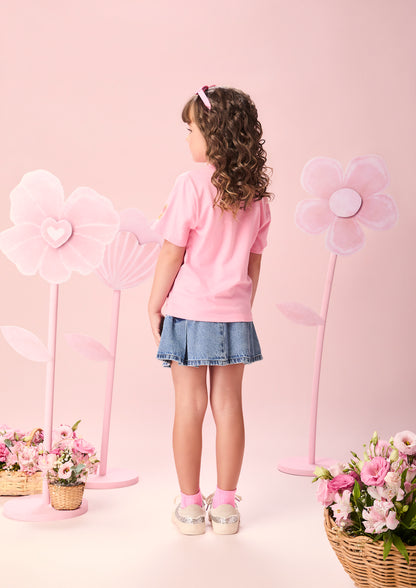 Conjunto Infantil Blusa Chaveiro Com Strass e Saia Jeans Pregas Com Pingente - Momi