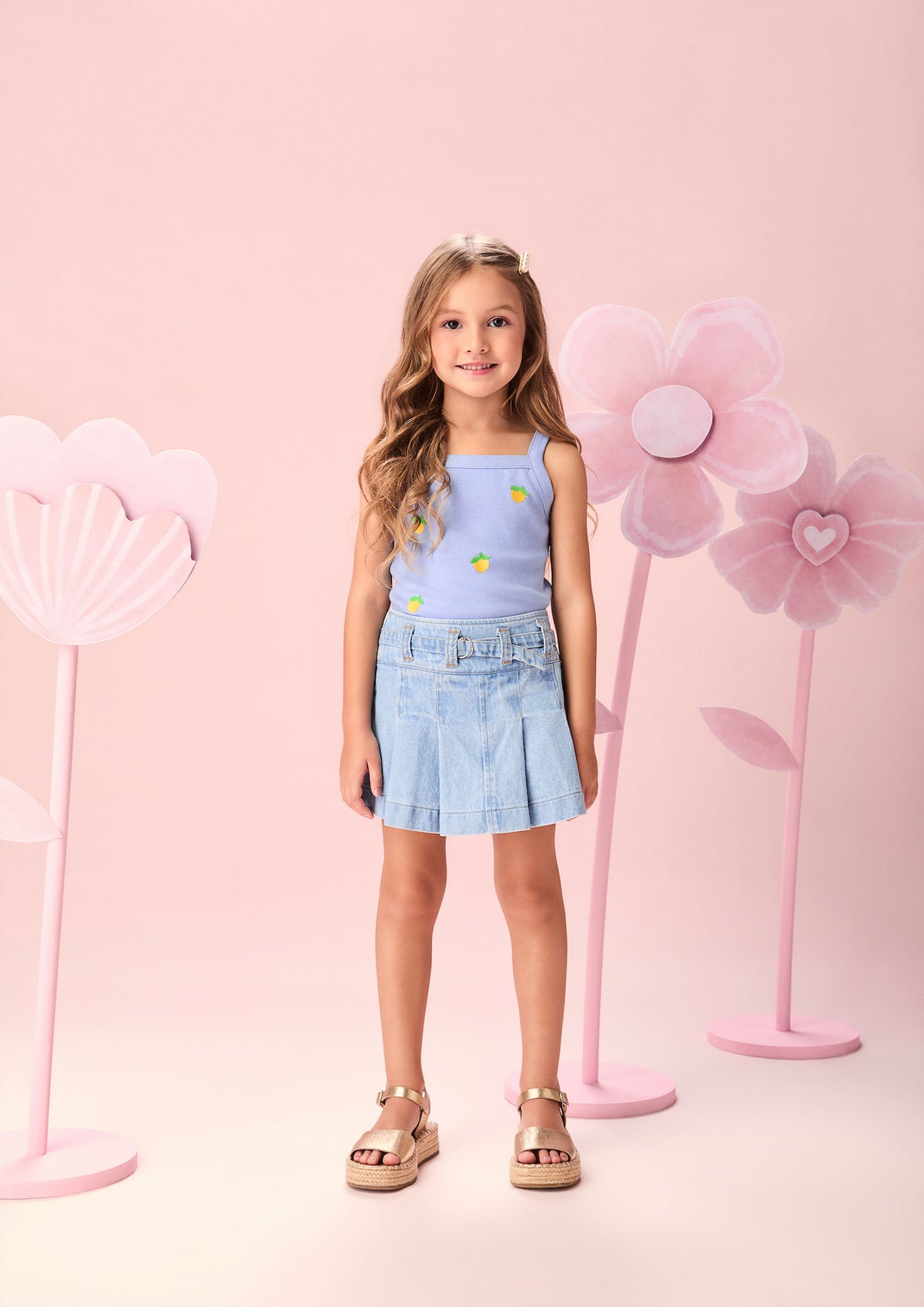 Conjunto Infantil Regata Lilás Estampa Limões e Shorts Saia Jeans Com Pregas - Momi