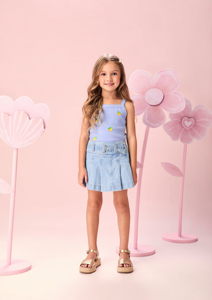 Conjunto Infantil Regata Lilás Estampa Limões e Shorts Saia Jeans Com Pregas - Momi