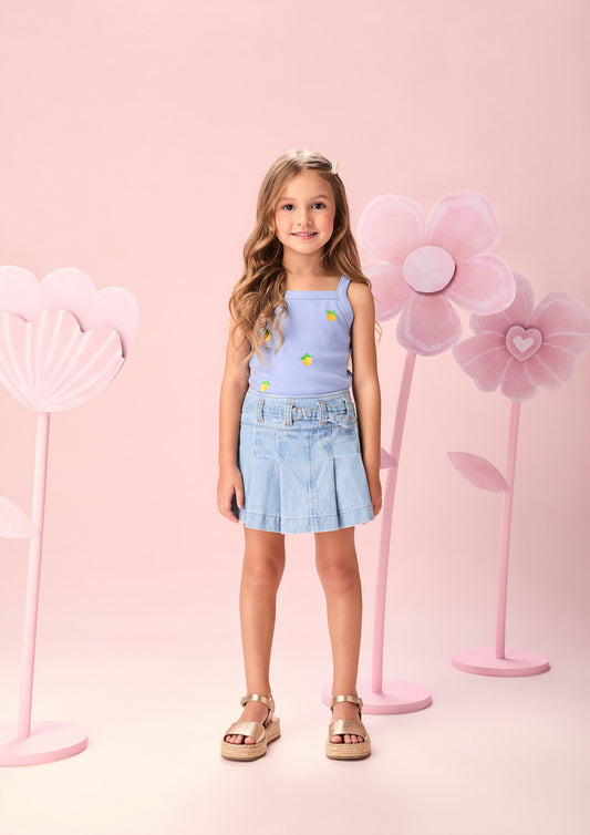 Conjunto Infantil Regata Lilás Estampa Limões e Shorts Saia Jeans Com Pregas - Momi - Pré Venda