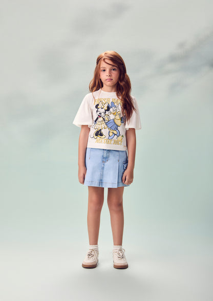 Conjunto Infantil Blusa Minnie e Daisy Limão e Shorts Saia Jeans