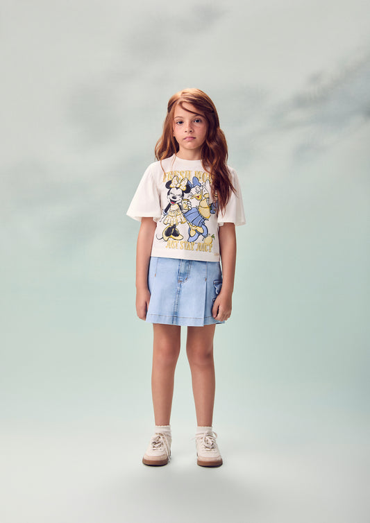 Conjunto Infantil Blusa Minnie e Daisy Limão e Shorts Saia Jeans Bolsos Laterais - Animê