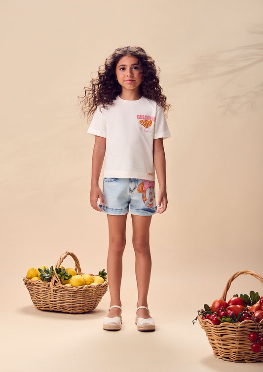Conjunto Infantil Blusa Minnie Mouse Colorful e Shorts Jeans Estampa Minnie - Animê - Pré Venda