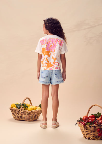 Conjunto Infantil Blusa Minnie Mouse Colorful e Shorts Jeans Estampa Minnie - Animê