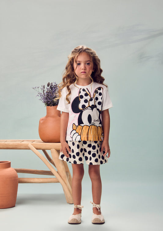 Conjunto Infantil Blusa Off White Minnie Croissants e Shorts Infantil Sarja Em Poá - Animê