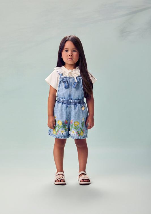 Jardineira Infantil Jeans Bordado Floral - Animê - Pré Venda