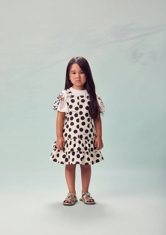 Conjunto Infantil Blusa Manga Estampa Minnie Pingente e Salopete Sarja Em Poá Com Babados - Animê