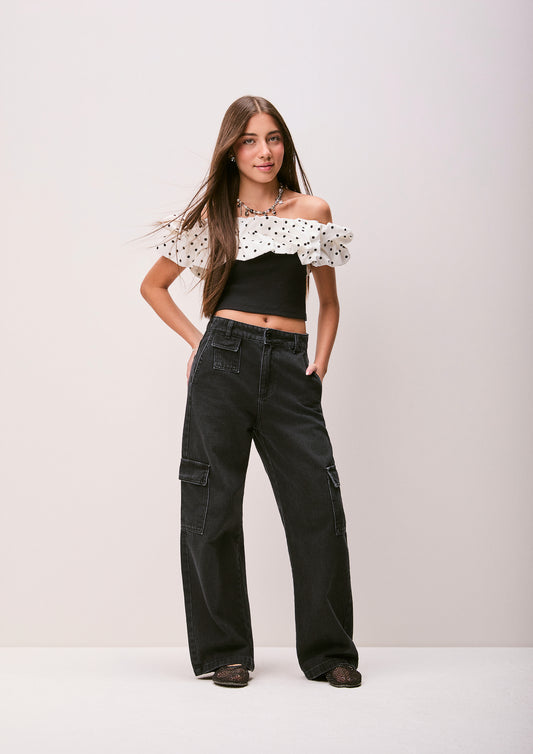 Blusa Teen Cropped Ombro a Ombro com Babado Poá - Authoria - Pré Venda