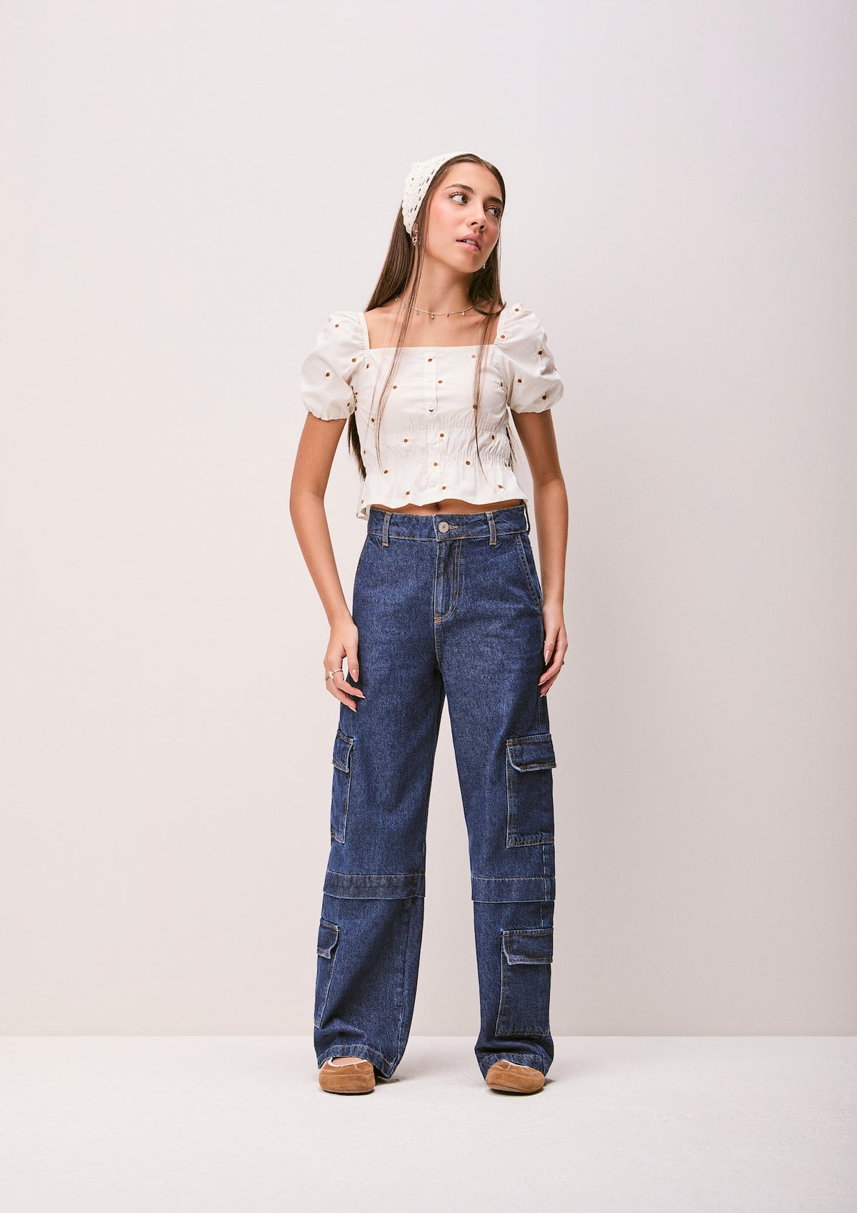 Calça Teen Jeans Wide Leg Cargo Azul - Authoria