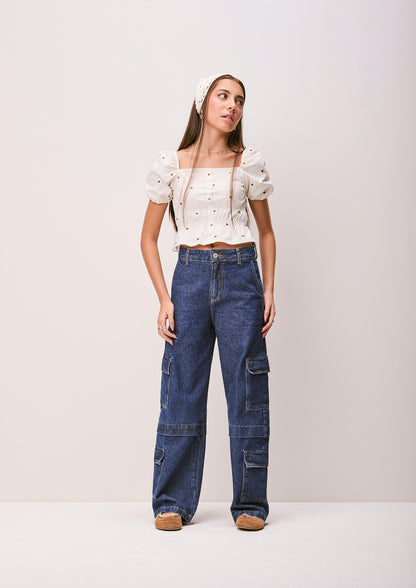 Calça Teen Jeans Wide Leg Cargo Azul - Authoria