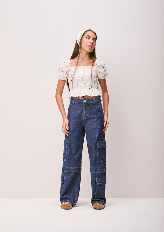 Calça Teen Jeans Wide Leg Cargo Azul - Authoria - Pré Venda