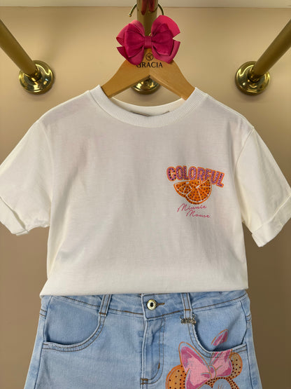 Conjunto Infantil Blusa Minnie Mouse Colorful e Shorts Jeans Estampa Minnie - Animê
