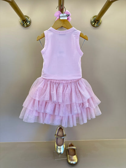 Conjunto Infantil Blusa Plaquinha Bordado Strass e Saia Rodada Camadas Tule Glitter Rosa - Luluzinha