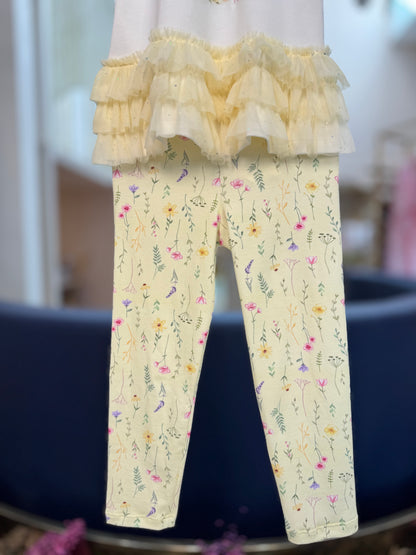 Conjunto Infantil Blusa Tule Amarelo e Legging Estampada - Petit Cherie