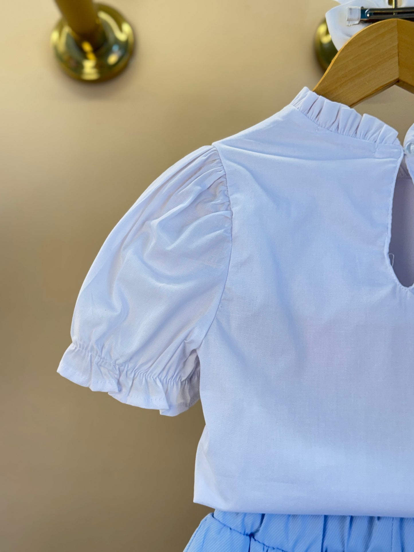 Conjunto Infantil Blusa MC com Coração Off White e Saia Bubble Azul Cristal - Gabriela Aquarela