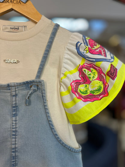 Jardineira Infantil Jeans Claro com Blusa Mangas Frutas - Animê