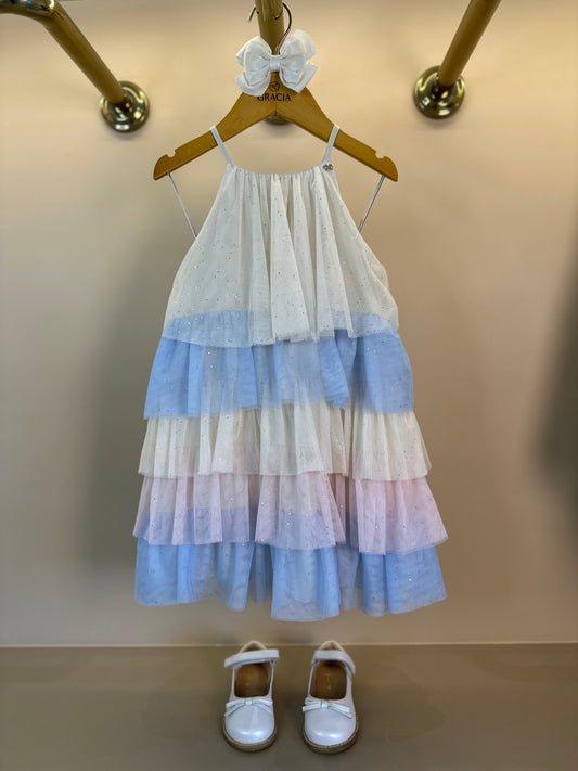 Vestido Infantil Festinha Tule Glitter Bege Degradê Cores - Petit Cherie