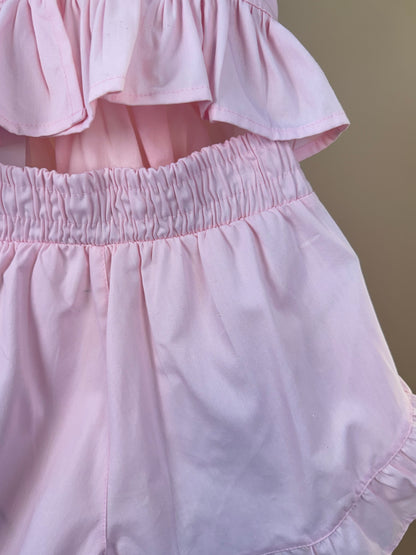 Conjunto Infantil Rosa Blusa Bordado Flores e Shorts Com Babadinho - Luluzinha