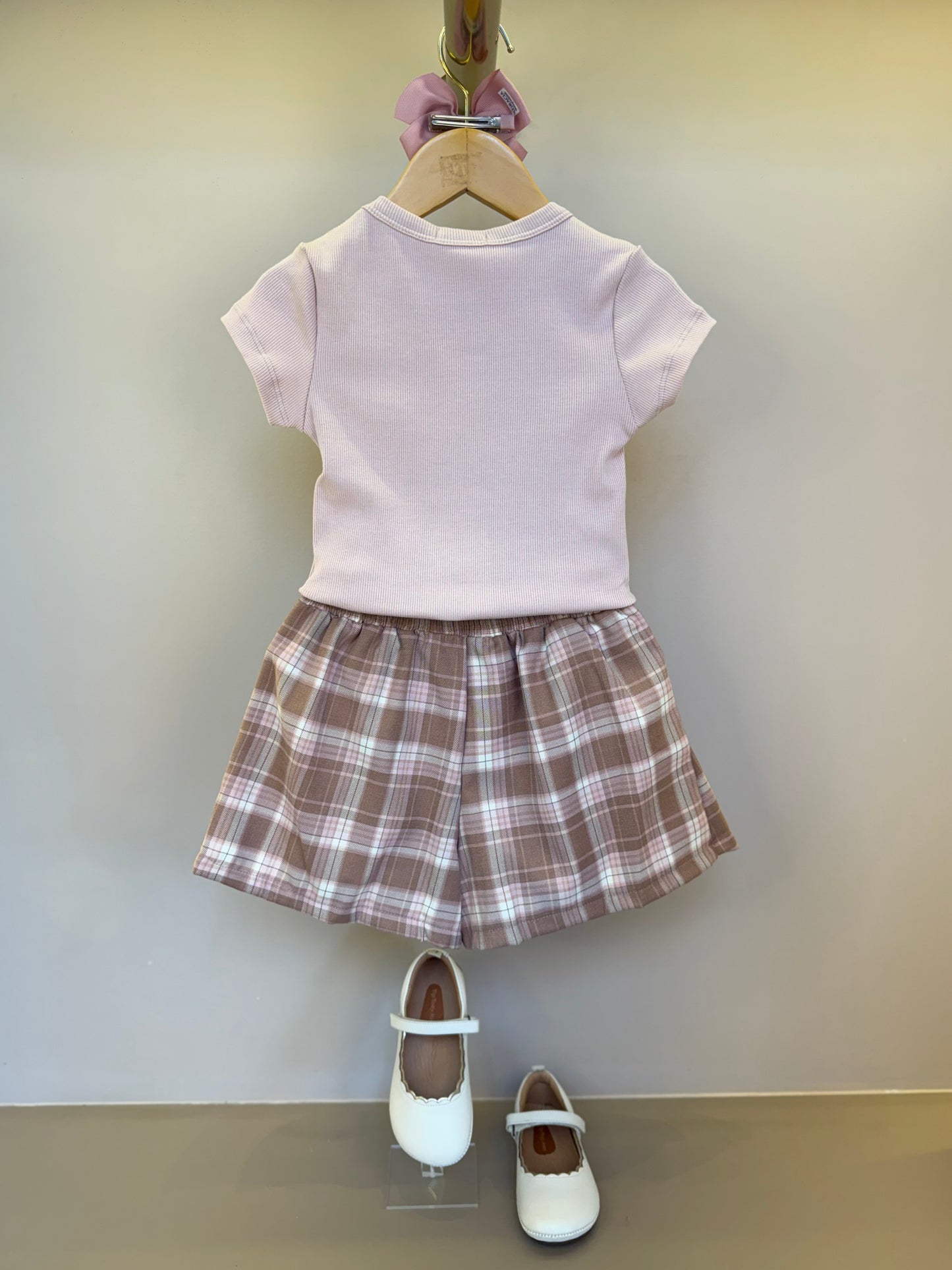 Conjunto Infantil Alfaiataria Blusa Algodão Rosa e Saia Xadrez - Petit Cherie