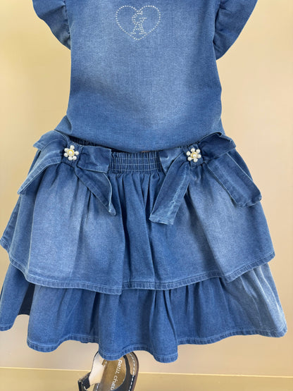 Conjunto Infantil Blusa Jeans Strass e Saia Laços Laterais Bordado Com Pérolas - Gabriela Aquarela