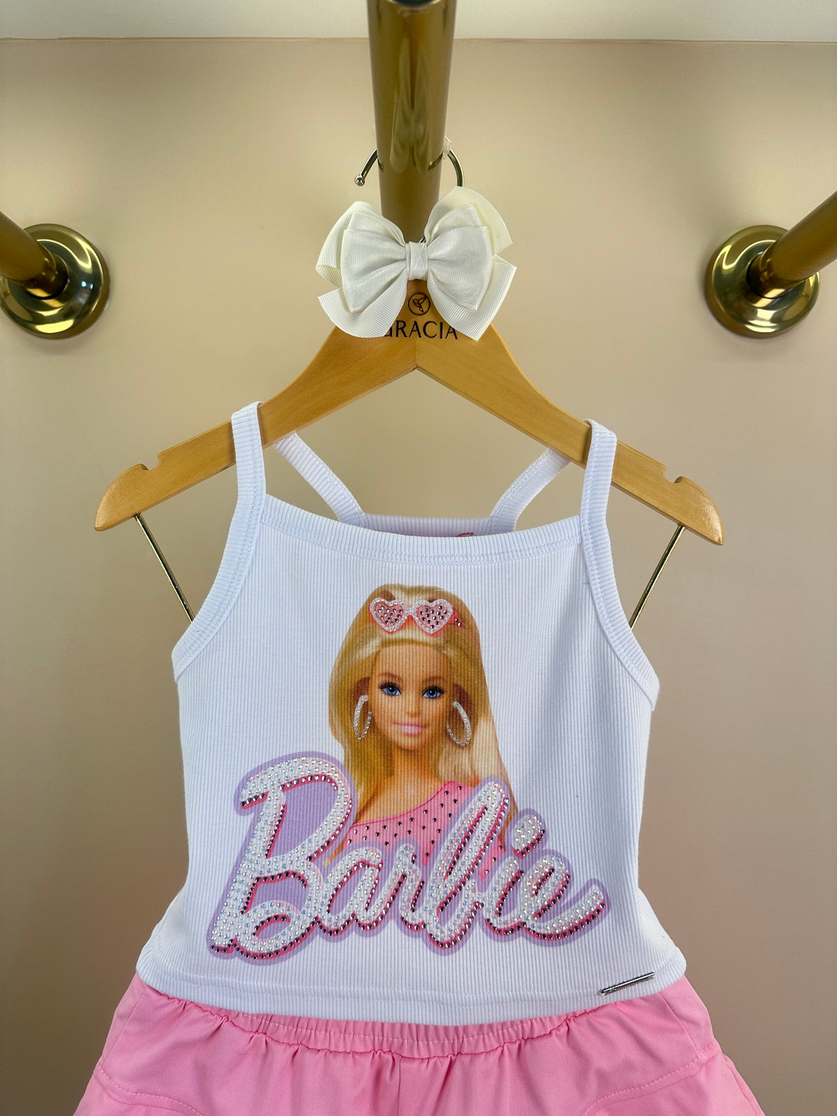 Conjunto Infantil Blusa Cropped Boneca Barbie Cristais e Shorts Sarja Babado Barbie Rosa - Pituchinhus