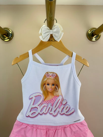 Conjunto Infantil Blusa Cropped Boneca Barbie Cristais e Shorts Sarja Babado Barbie Rosa - Pituchinhus