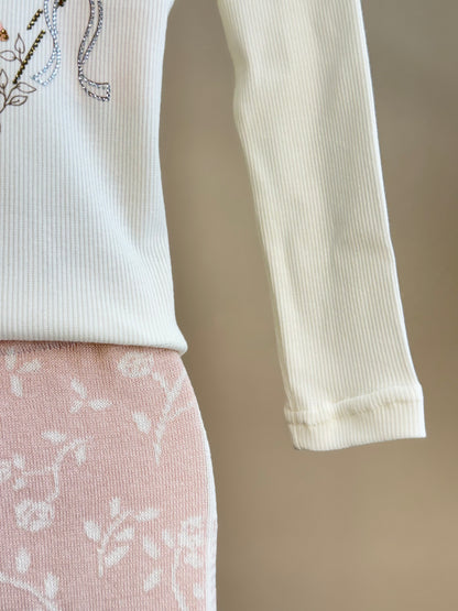 Conjunto Infantil Blusa Off White Cavalinho Cristal E Legging Tricot Floral Rosa - Pituchinhus