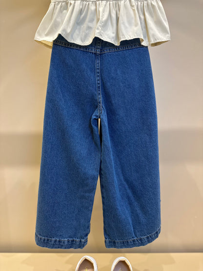 Conjunto Infantil Blusa Bordado Flores Bege e Calça Jeans Reta Laços - Momi