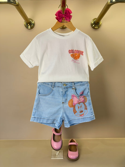 Conjunto Infantil Blusa Minnie Mouse Colorful e Shorts Jeans Estampa Minnie - Animê