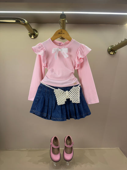 Saia-shorts Infantil Jeans Pochete Laço Pérolas - Luluzinha