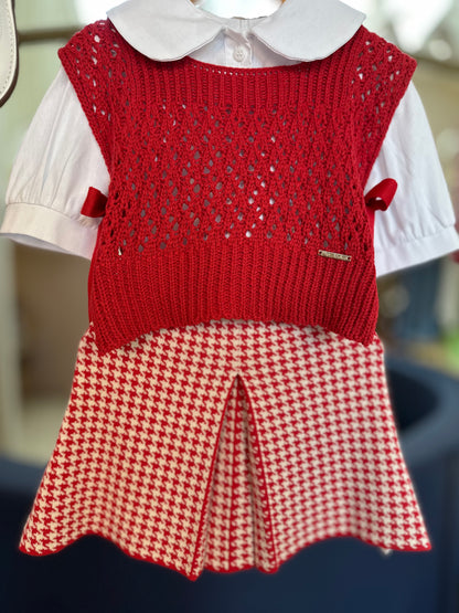 Conjunto Infantil Colete Ponto Rendado e Saia Tricot Pied Poule Prega - Pituchinhus