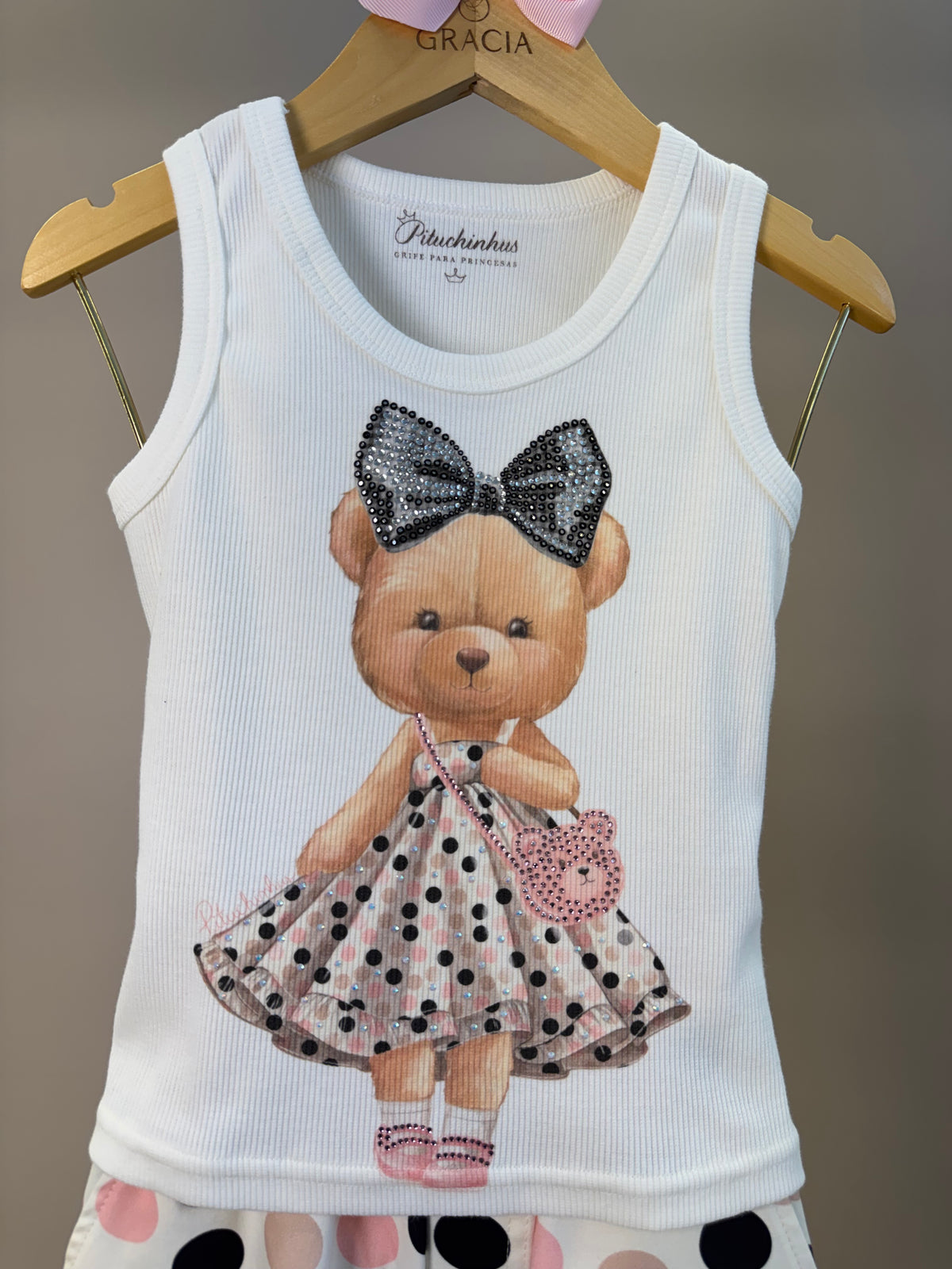 Conjunto Infantil Regata Ursinha Vestido de Poá e Calça Infantil Baggy Sarja Estampa Poá Bolsos Com Laços - Pituchinhus