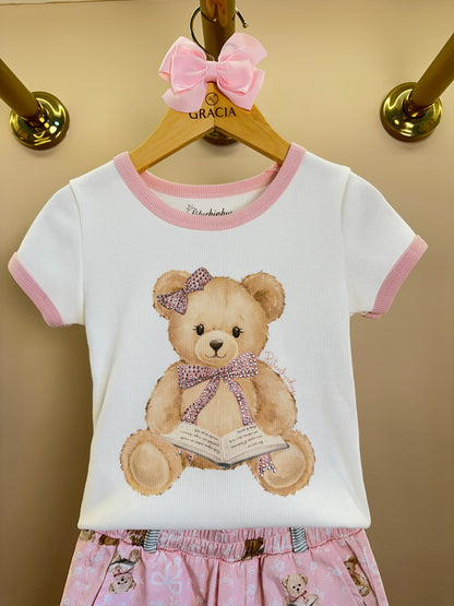 Conjunto Infantil Blusa Ursinho e Laço Nas Costas e Calça Pantacourt Algodão Estampa Ursinhos - Pituchinhus