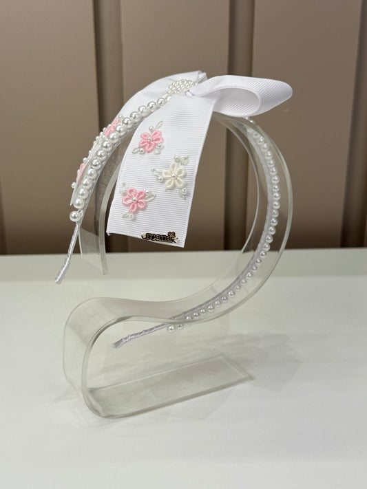 Tiara Infantil Pérolas Laço Branco Bordado - Roana
